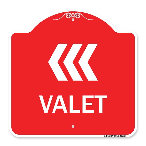 Designer Series Sign-Valet Left Arrow, Red & White Aluminum Sign, 18" x 18", RW-1818-22772